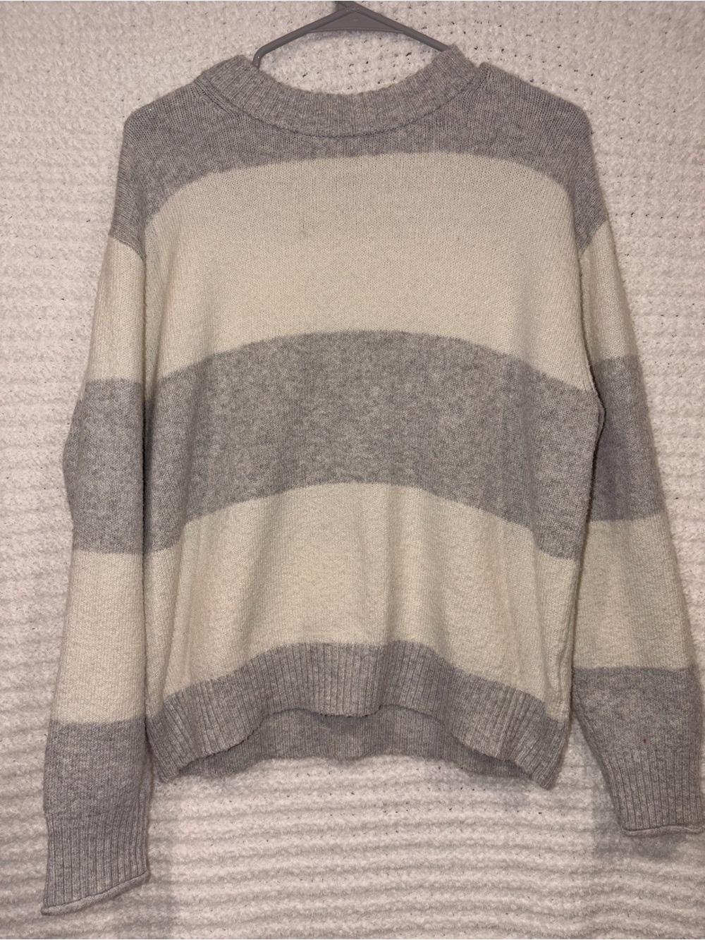 American Eagle Outfitters Cream and Gray Striped Crewneck Sweater